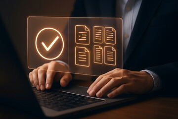 Document Management System with Glowing Checkmark on Transparent Screen and Laptop