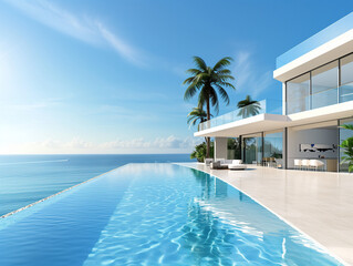 Fototapeta premium modern luxury villa with infinity pool overlooking ocean, palm trees, bright sunny day