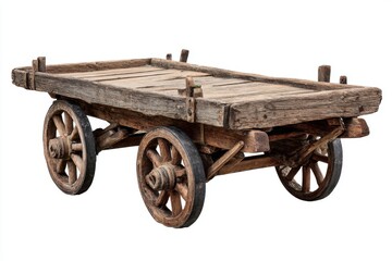 Obraz premium Antique Wooden Cart on Four Wheels Rustic Transportation Object, Countryside Vehicle