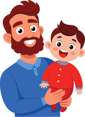A cheerful father with a beard wearing a blue shirt is holding his happy baby boy dressed in a red outfit isolated on transparent background