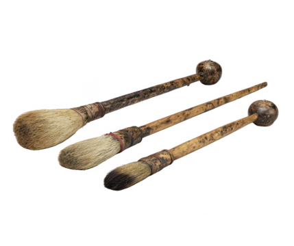 Three antique-style paintbrushes, varying sizes, with wooden handles and animal hair