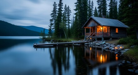 Fototapeta premium Serene Lakeside Cabin at Dusk, Peaceful Reflection