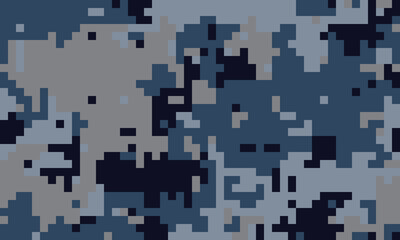 Abstract pixelated camouflage pattern in shades of blue and grey. Ideal for backgrounds, textiles, or digital art projects.  Suggests concealment, mystery, or digital technology.