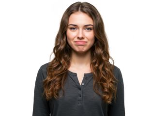 A young woman with long brown wavy hair making a sad or disappointed face, isolated on transparent background