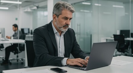 Fototapeta premium Photo of a businessman is working on his laptop in a modern office