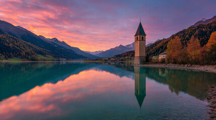 Obraz premium A submerged bell tower rises from Resia Lake during a colorful autumn sunrise, surrounded by the rugged grandeur of the Italian Alps