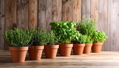 Fototapeta premium An assortment of potted culinary herbs including thyme, basil, and rosemary are displayed against a rustic wooden background, promising fresh flavors for cooking and gardening.