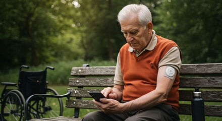 A person checking their blood sugar level in public or outdoors Senior Man Managing Health with Mobile App on Park Bench Healthcare Technology and Healthy Aging