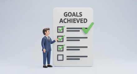 Fototapeta premium 3D businessperson standing beside checklist marked goals achieved, success confirmation concept, corporate achievement, personal accomplishment, career milestone, office productivity illustration