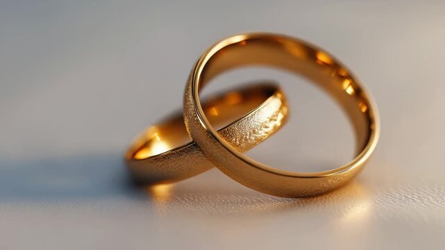 Two interlocking gold wedding rings on a white surface.