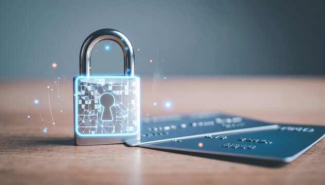 A shiny padlock rests beside a credit card, both positioned on a rustic wooden table, highlighting themes of security and financial transactions.