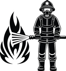 Obraz premium Stylized black and white illustration of a firefighter in full protective gear holding a hose and spraying water onto a tribal flame design isolated on transparent background