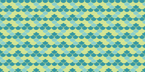 Seamless pastel teal and yellow scale pattern.  Perfect for backgrounds, textile design, or whimsical branding. This repeating geometric design evokes feelings of tranquility and summer.