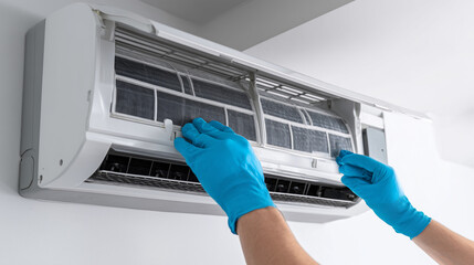 Air Conditioner Maintenance: A close-up shot showcases an individual performing air conditioning maintenance. Hands in blue gloves meticulously attend to the unit. A depiction of expertise.