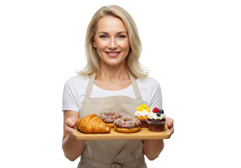 A smiling middleaged woman wearing an apron holds a tray of assorted pastries, including a croissant, donuts, and cupcakes isolated on transparent background