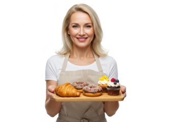 A smiling middleaged woman wearing an apron holds a tray of assorted pastries, including a croissant, donuts, and cupcakes isolated on transparent background