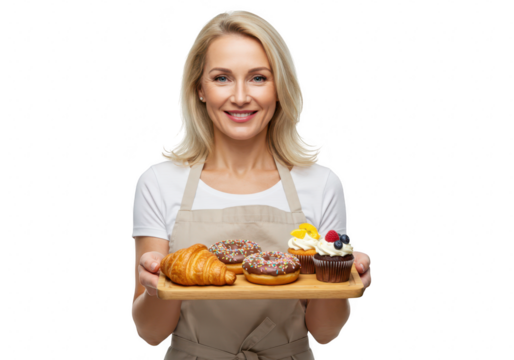 A smiling middleaged woman wearing an apron holds a tray of assorted pastries, including a croissant, donuts, and cupcakes isolated on transparent background