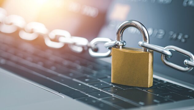 A shiny silver padlock rests securely on the keyboard of an open laptop, symbolizing digital security and protection of online information.