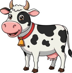 Cute Cartoon Dairy Cow Illustration with Black and White Spots, Wearing Red Bell Collar, Standing Smiling on White Background, Farm Animal Design.