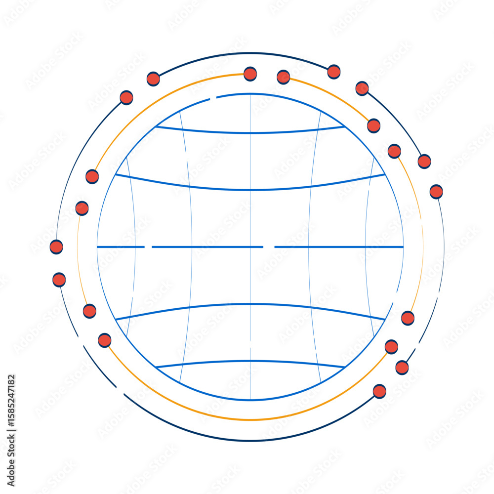 Poster Globe grid with circular data nodes 2D doodle object. Circular structure world. Global network orbiting points cartoon element flat vector clipart isolated on white background. Hand drawn illustration