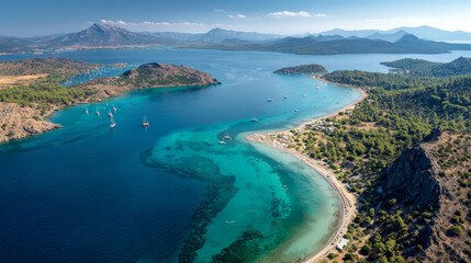DatÃ§aâ€™s amphitheater-shaped peninsula divides the coastline into two pristine beaches, framed by yachts and calm waters in a perfect aerial view