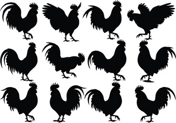 Fototapeta premium Black Silhouettes of Roosters Patterned on a White Backdrop Farm Animals Poultry Cocks Bird Illustrations Farmhouse Animal Theme