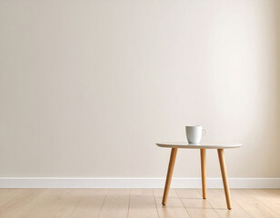Cup of coffee placed on a small table in a large empty room, cup on bottom right third, vast soft-colored wall as negative space