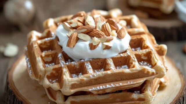 A delicious-looking waffle topped with whipped cream and chopped nuts, perfect for a snack or dessert