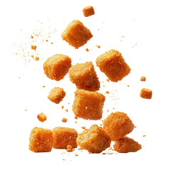 Golden brown crispy chicken pieces flying isolated on a transparent background nuggets fried
