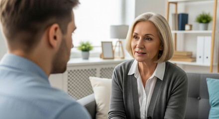 Obraz premium Psychologist supporting patient during therapy session in his office, close-up. Mental condition, mental problem