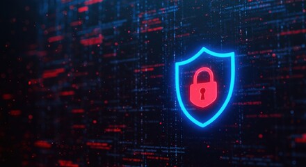 Digital shield with red lock symbol glowing against a dark background of red and blue data streams and code