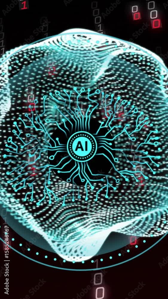 Poster ai neural network animation over binary code and digital communication icons