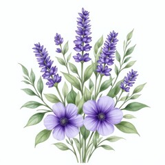 Naklejka premium Watercolor bouquet of purple lavender and anemone flowers with green leaves