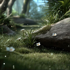 Magical forest scene with glowing wildflowers, mossy rock, lush green grass, and sparkling light in tranquil woodland setting
