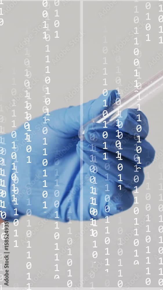 Wall mural gloved hand holding test tube over binary code animation