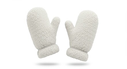 Cozy White Sherpa Mittens Floating on a Clean White Background, Winter Warmth