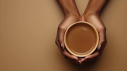 Close-up of dark-skinned hands with manicured nails holding a warm cup of brown coffee—ideal for comfort, wellness, or diversity-centered content.