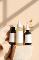 Modern natural skincare bottles with clean labels on travertine stone and soft linen fabric. Warm beige tones, gentle shadows, and minimal composition create a calm, elegant aesthetic.