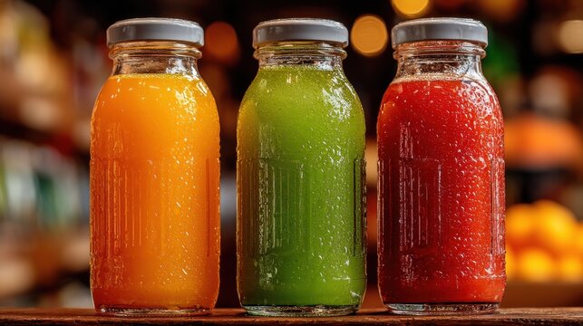 Colorful trio of fresh juices in vintage style glass bottles on display