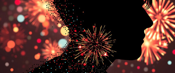 Vector halftone of a human silhouette melting into pixel noise as social media notifications explode like fireworks.
