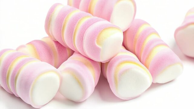 A stack of colorful marshmallows on a clean white background