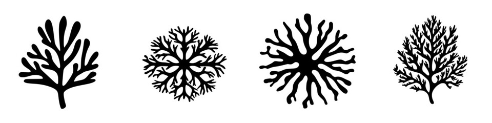 Black icons representing various intricate coral designs showcasing nature's beauty and diversity in marine life
