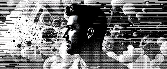 Vector halftone of a profile picture warping into static as targeted ads and comment storms collide in the background.
