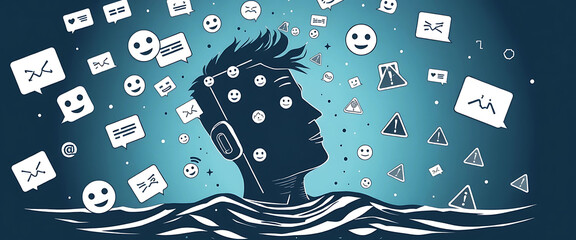 Vector halftone of a smartphone-headed person drowning in swirling message bubbles, emoji storms, and alert triangles.
