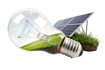 Light bulb with solar panel and green landscape inside isolated on transparent background
