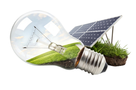 Light bulb with solar panel and green landscape inside isolated on transparent background