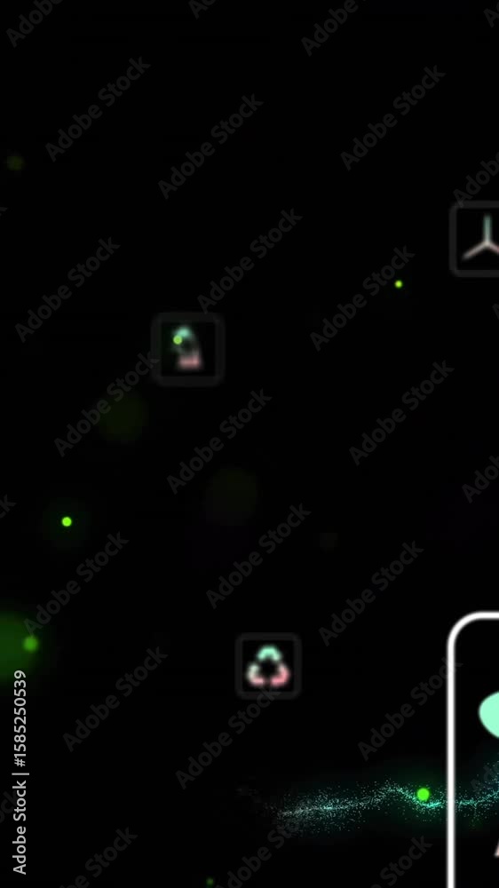 Poster scientific icons and data processing animation over dark background with glowing particles
