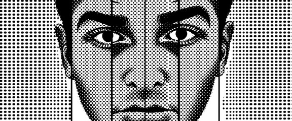 Vector halftone of a pixelated face split into panels by real-time feeds, each panel showing different emotional distortion.
