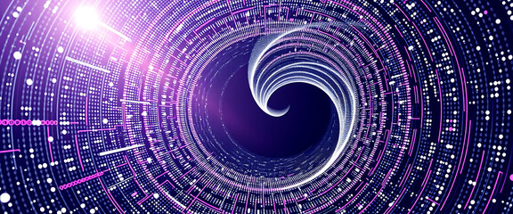Vector halftone of a hologram twisting under the force of algorithmic disinformation and feedback loop spirals.
