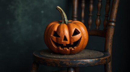 Orange pumpkin with scary carved face on old wooden chair in abandoned house, halloween